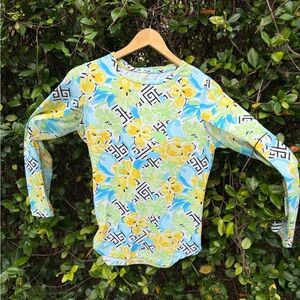 IBKUL Floral Long Sleeve Top in White, Blue & Green